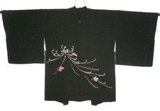 Giacca kimono Haori vintage giapponese seta nera dipinta a mano crisantemo