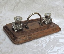 Edwardian Desk Inkwell Inkstand Metal Handle Oak Base Cut Glass Bottles Calamaio