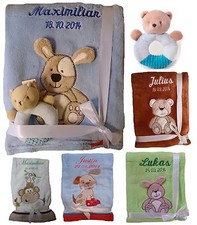 Coperta neonato ricamata con nome + giocattolo sonaglio teddy regalo nascita battesimo bimbo