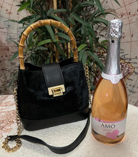 Borsa secchiello AMO'donna ragazza mano tracolla vera pelle nero cavallino/bambù