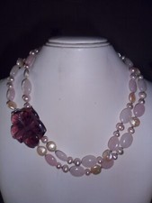 GIROCOLLO DOPPIO GIRO IN VERE PERLE COLTIVATE E QUARZO ROSA FIORE IN CRISTALLO