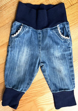 2 pantaloni bambino taglia 68 jeans blu + cordoncino marrone, morbido jersey 100% cotone