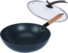 Padella Wok Da 32 Cm Con Coperchio, Padella in Ferro: Manico in Legno Massiccio,