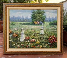 DIPINTO OLIO SU TELA - PAESAGGIO - DAME - PRATO - FIORI - STILE PARIGINO - FIRMA