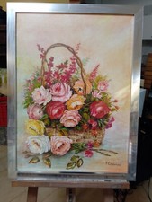 Quadro Ad Olio Dipinto A Mano " Cesto Di Fiori" Non Stampato 