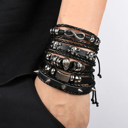 Bracciale cuoio pz teschi - 5,