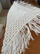 ELEGANTE SCIALLE LANA VINTAGE BIANCO FATTO ALL'UNCINETTO, cm. 150 x 78+ frange
