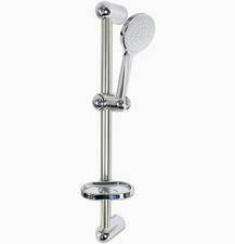 Saliscendi doccia moderno con asta a colonna, portasapone e soffione multigetto