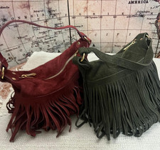 Borse scamosciate secchiello ragazza donna con frange vera pelle verde bordeaux