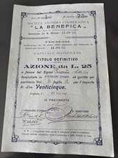 Certificato Azionario 1910 Sede Avigliano La Benefica 