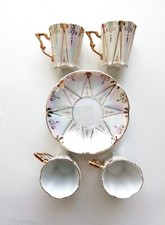 Set 4 tazzine da caffè vintage porcellana fine iridescente dorata con piattini