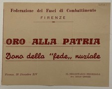 ORO ALLA PATRIA FEDERAZIONE DEI F… DI COMBATTIMENTO FIRENZE DIPLOMA A.XIV° 1936
