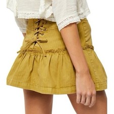Free People Positano minigonna in verde oliva con volant cravatta corsetto boho contadino XS