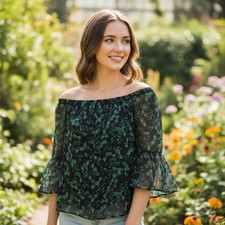 Ana S Black Green Top Boho