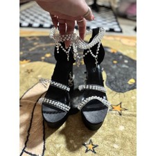 Sandali con tacco plateau cinturino alla caviglia perline charm cinturino nero scarpe da festa