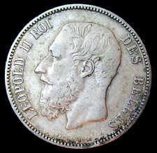 Belgio: 1875 King Leopold II Leone Originale 5 Franchi Argento Moneta Sfumatura