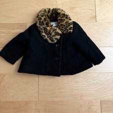 Cappotto Janie and Jack bambina misto lana pea nero stampa animalier collo pelliccia sintetica 6-12m