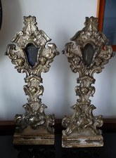 COPPIA RELIQUIARI AD OSTENSORIO OTTONE ARGENTATO SU LEGNO-LUIGI XIV-NAPOLI '700