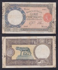 Banconota Italia 50 lire Lupetta Capitolina (B.I.) 8.10.1943 L'Aquila P.-66 MB/F