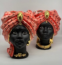 TESTE DI MORO ATENA CERAMICA CALTAGIRONE CM H.30 L.23 ARTIGIANALE ROSSO NERO ORO