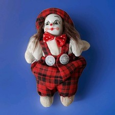 Bambola pagliaccio porcellana vintage sacco sabbia corpo tartan cappello e tuta KMACHI 5" regalo