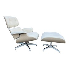 Poltrona Herman Miller Eames tessuto fiammato bianco frassino originale con pouf