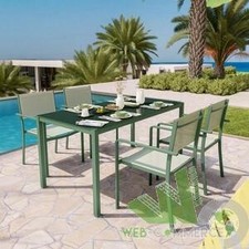 SET TAVOLO RETTANGOLARE 150x80x74 CM + 4 SEDIE ACCIAIO VERDE VETRO ESTERNO