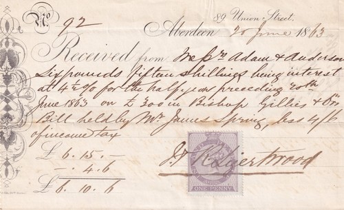 1863 aberdeen rara - 1863, ricevuta