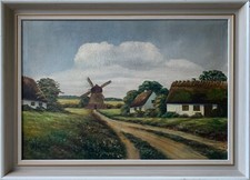 Quadro a Olio Impressionista Paesaggio Con Mulino E Villaggio Landhäuser Firmato