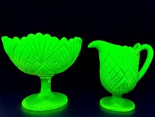 Antica crema e composta in vetro pressato vaselina/uranio 'Signori e Signore' c1880