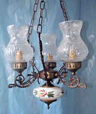 Antico lampadario bronzo ampolle foglie 3 luci ceramica fiori stile post liberty