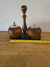VINTAGE WOOD WOODEN ROUND APPLE SHAPE SALT SHAKER AND PEPPER GRINDER SET W/stand