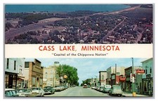 Cartolina MN Cass Lake Minnesota Aerial & Main Street View Coca Cola c1950s P21