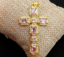 CIONDOLO  CROCE DORATA CON CRISTALLI ROSA