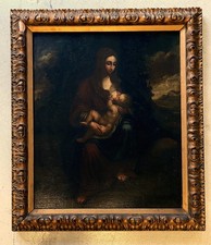ANTICO DIPINTO OLIO TELA Madonna del latte GESU BAMBINO Maternità RELIGIOSO '600