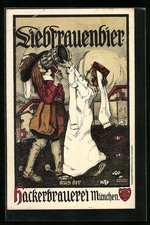 Cartolina d'artista Monaco di Baviera, birra Liebfrauen del birrificio Hacker 