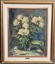 Lamberto Lamberti ( Brescia 1925 - 2003 ). Fiori,  garofani bianchi. Olio grande
