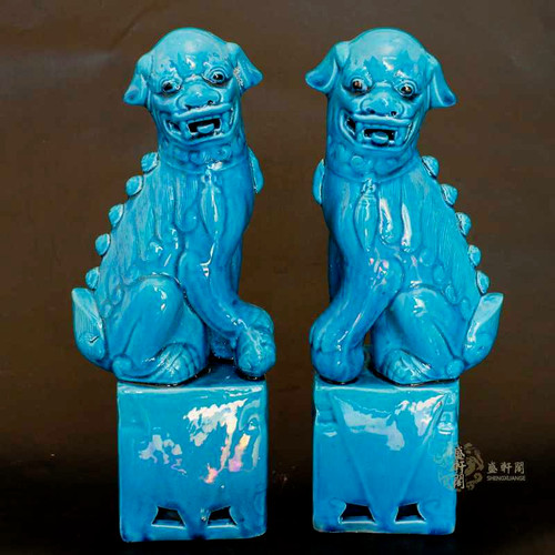 Coppia statua leone blu - leone, pavone