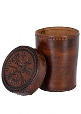 Battle-Merchant Tazza da Cubo Vichinga in Pelle con Coperchio, Goffratura Vegvisir, Marrone