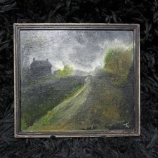 Paesaggio notturno casetta autunnale impressionista dipinto olio su tavola firmato