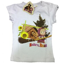 Maglietta T-shirt MASHA E ORSO in cotone bianco stampato varie taglie da bambino