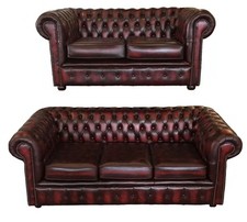 Divano Set Chesterfield 100% Vera Pelle Tre e Due Posti Rosso Antico