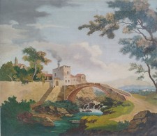 Antico dipinto ad olio su tela XX secolo (anni 50/60) paesaggio con ponte.