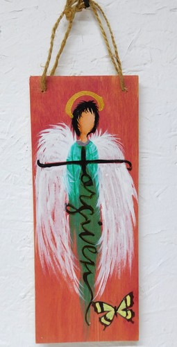 Angelo legno con versetto - su,