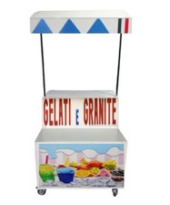 CARRELLO PER GRANITORI DOPPIO BANCO, LOGO PRODOTTO IN FERRO E PANNELLI PVC NUOVO