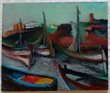 Dipinto Barche ormeggiate Quadro Olio su tela 60x50 cm Firmato