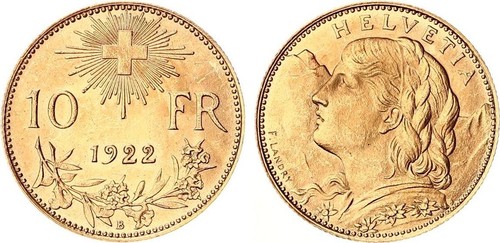 Svizzera franchi oro 1922 - 10,