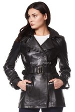 Trench donna nero classico mezza lunghezza designer vera pelle giacca cappotto 1123