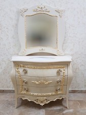 MOBILE BAGNO E SPECCHIO IN LEGNO AVORIO FOGLIA ORO CON CRISTALLI E TOP MARMO