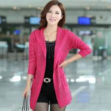 Donna Traforato Cardigan Cappotto Giacca Top Cappuccio Tippet Rete Maglia Midi